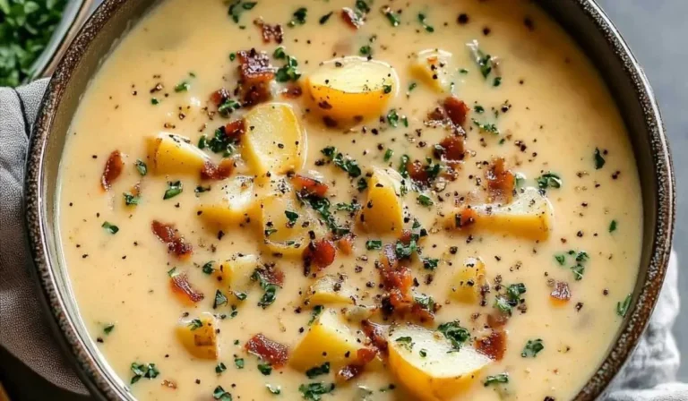 Zuppa cremosa di patate servita in una ciotola con erbe fresche