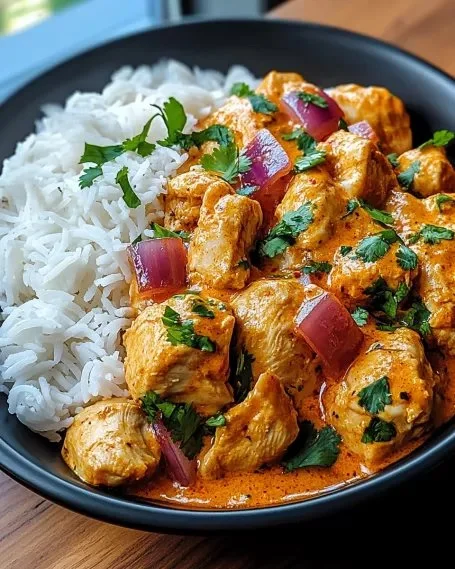 Pollo al cocco piccante brasiliano servito con riso e verdure fresche.