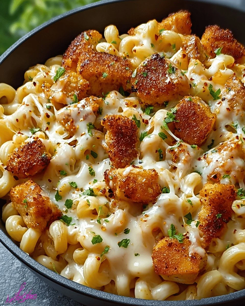 Pollo Mac e Formaggio con Miele Crema e Pepe in un piatto appetitoso