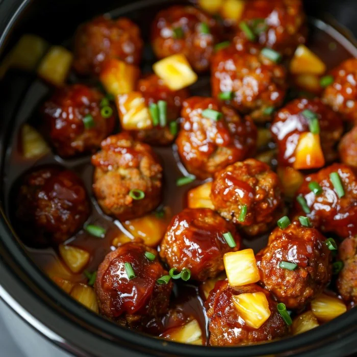 Polpette di carne al barbecue con ananas in cottura lenta su un piatto