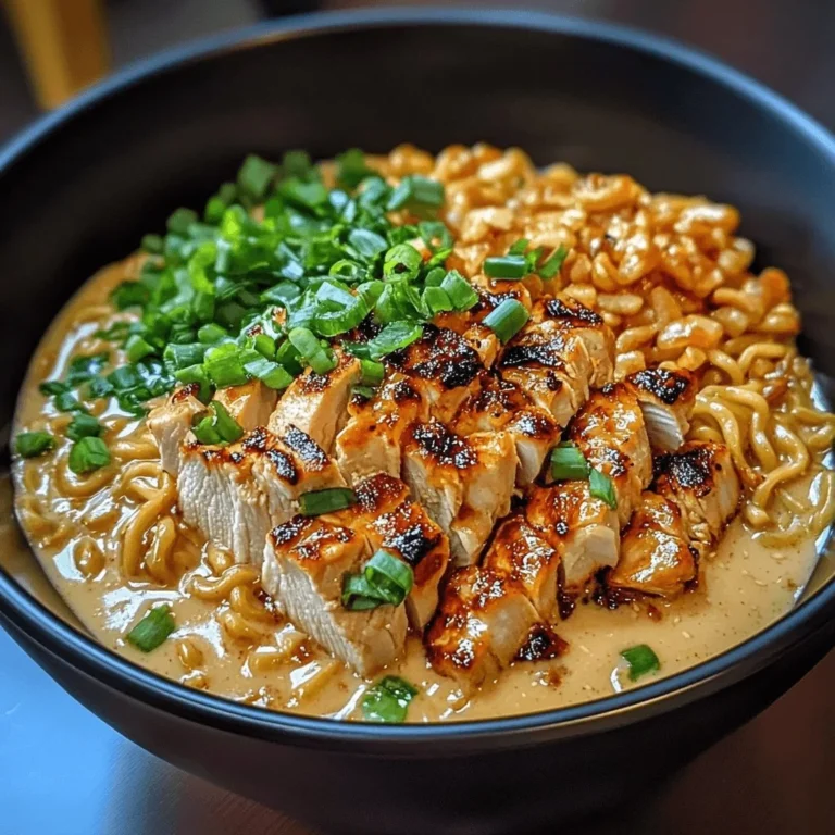 Piatto di ramen di pollo piccante con salsa cremosa all'aglio su un tavolo