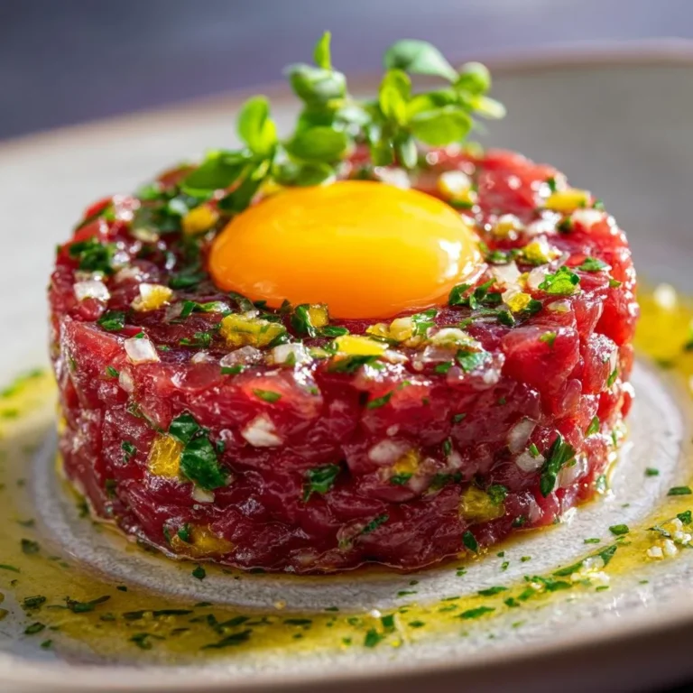 Piatto di tartare di manzo ben presentata con ingredienti freschi