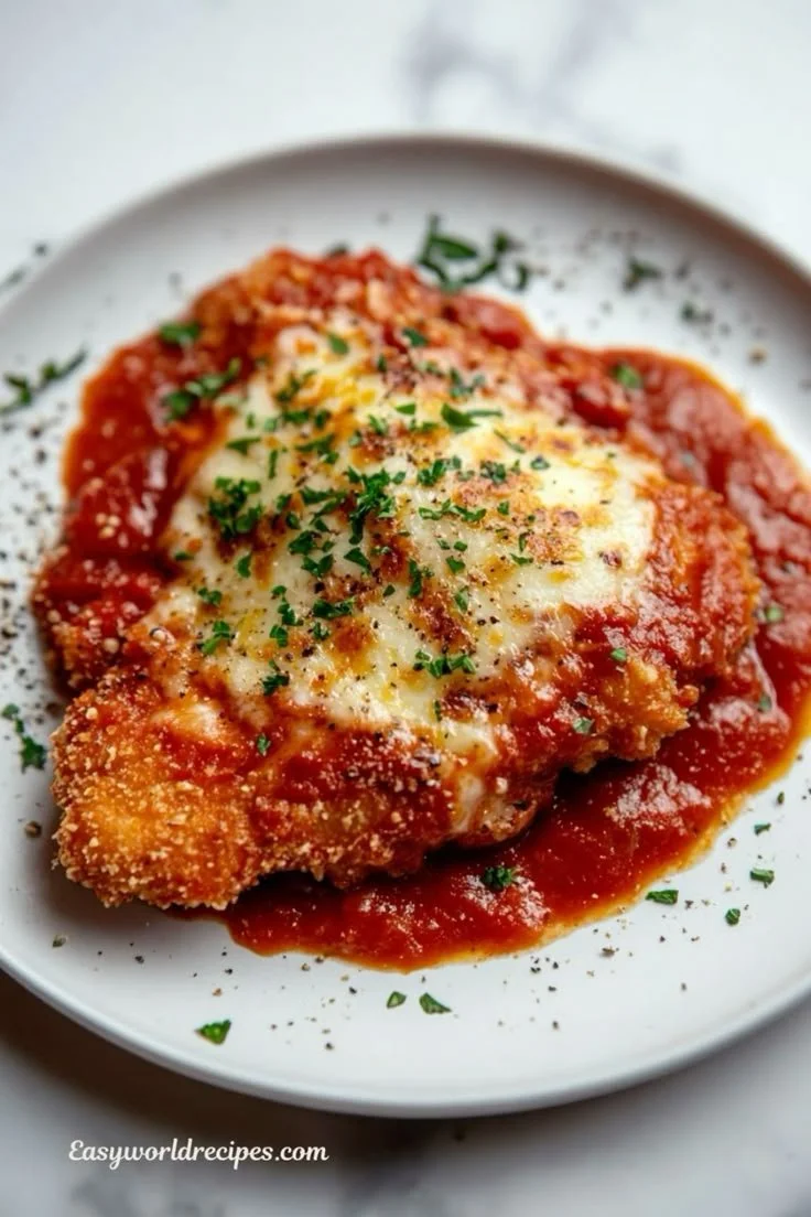 Piatto di pollo alla parmigiana con formaggio fuso e salsa di pomodoro