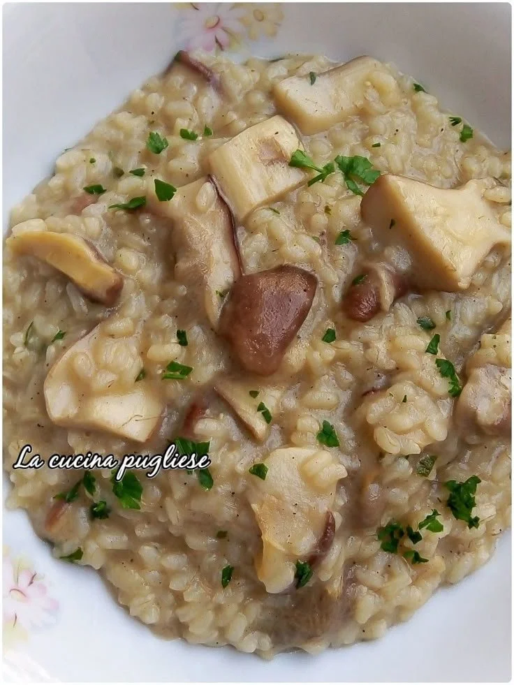 Piatto di risotto ai funghi porcini con decorazioni di erbe fresche