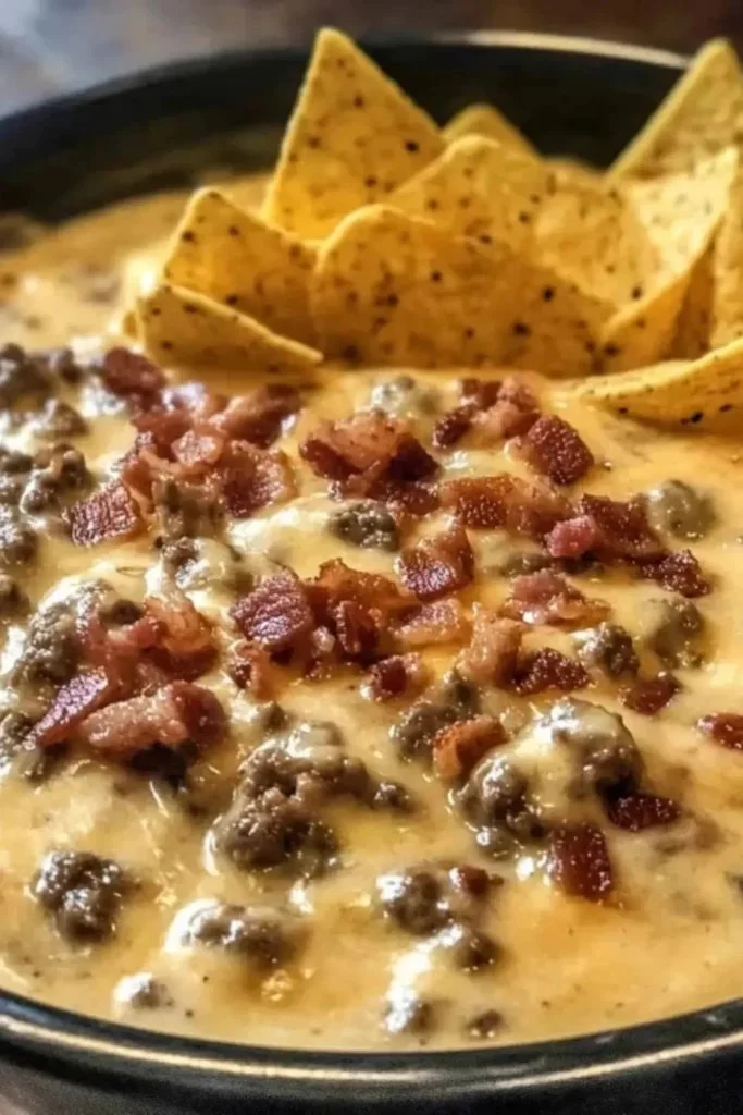 Salsa di Formaggio con Bacon e Cheeseburger Sfrigolante in un piatto