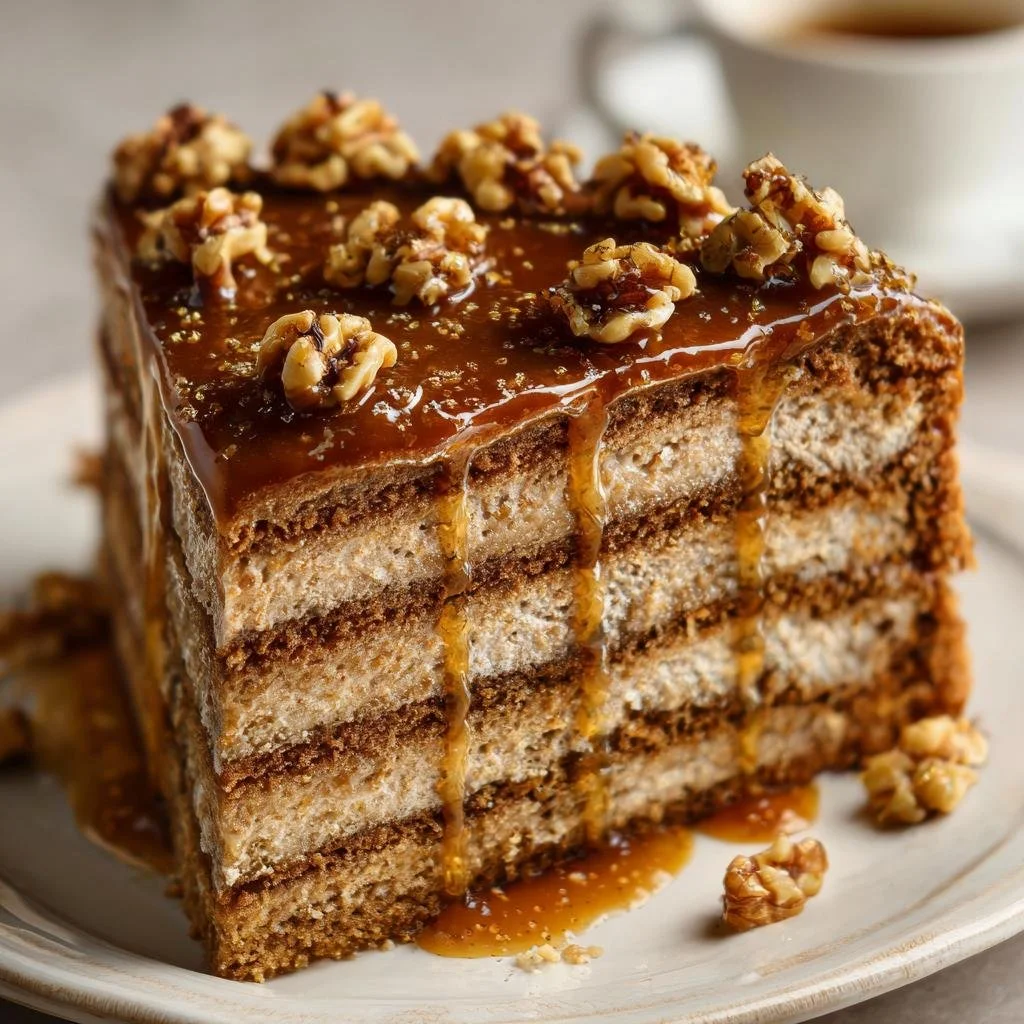 Slice of Torta Caffè-Noci with coffee and walnuts on a plate