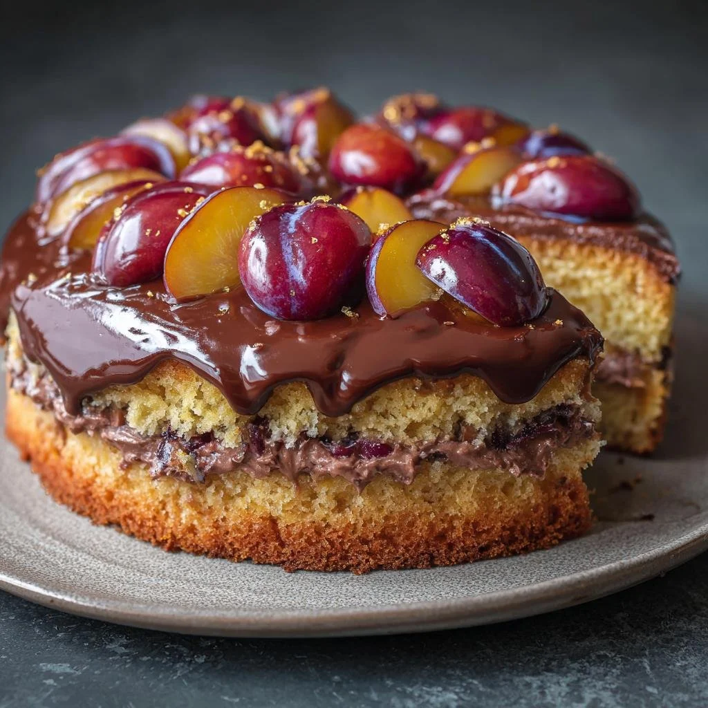 Torta di prugne con crema di cioccolato decorata, dessert invitante.