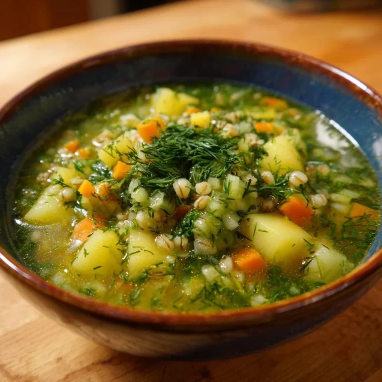 Zuppa di cetrioli con grano servita in una ciotola aromatica