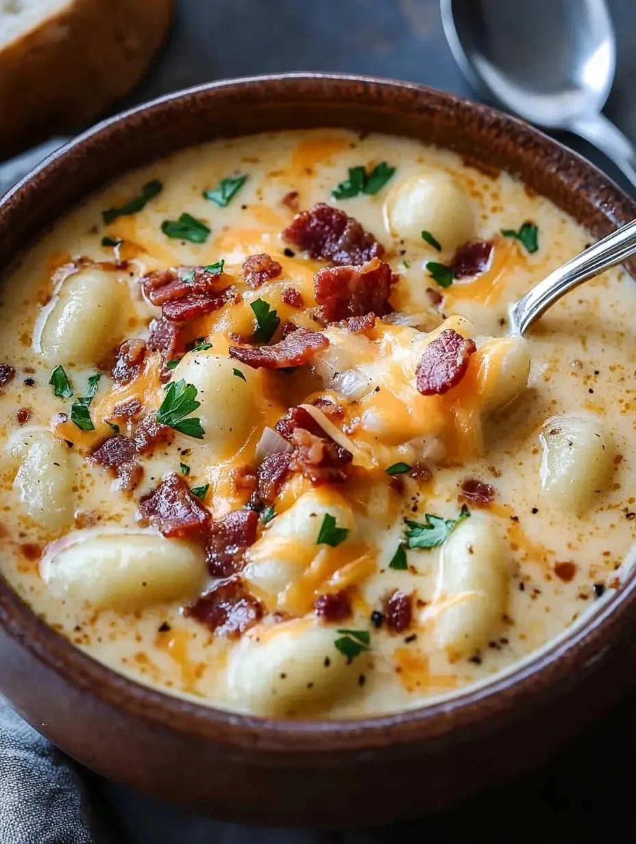 Zuppa di gnocchi con bacon e cheddar in una ciotola calda