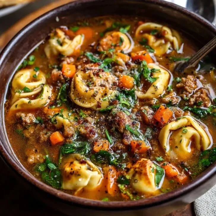 Zuppa di Tortellini autunnale con salsiccia in una ciotola calda